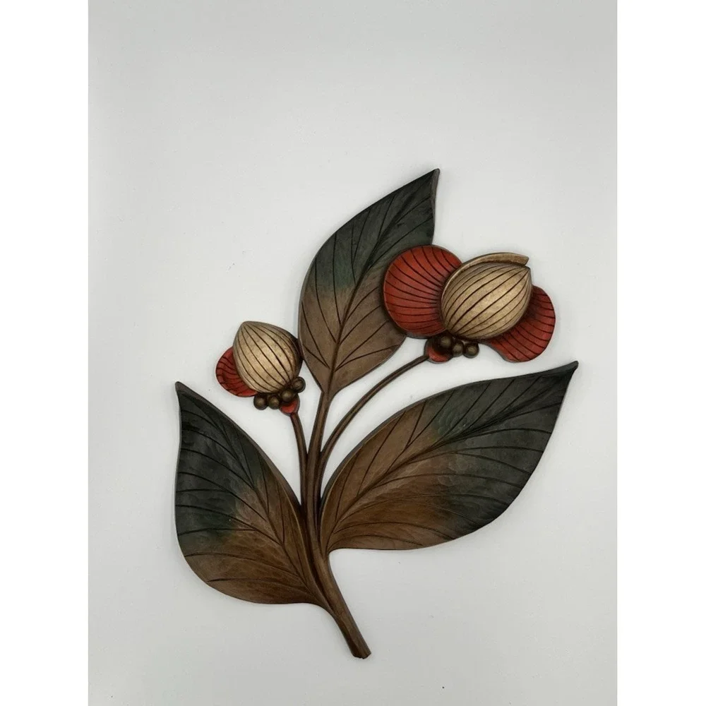 MCM Syroco Flower Wall Hanging Plaque Wood Grain Orange Green Leaves 1964 VTG
